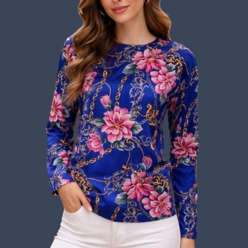 Vtg LIZ CLAIBORNE 1980s Satin Baroque Floral Long Sleeve Blouse Large